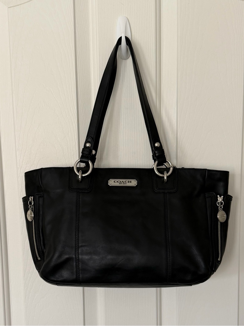 Coach Black Leather Tote with Silver Hardware